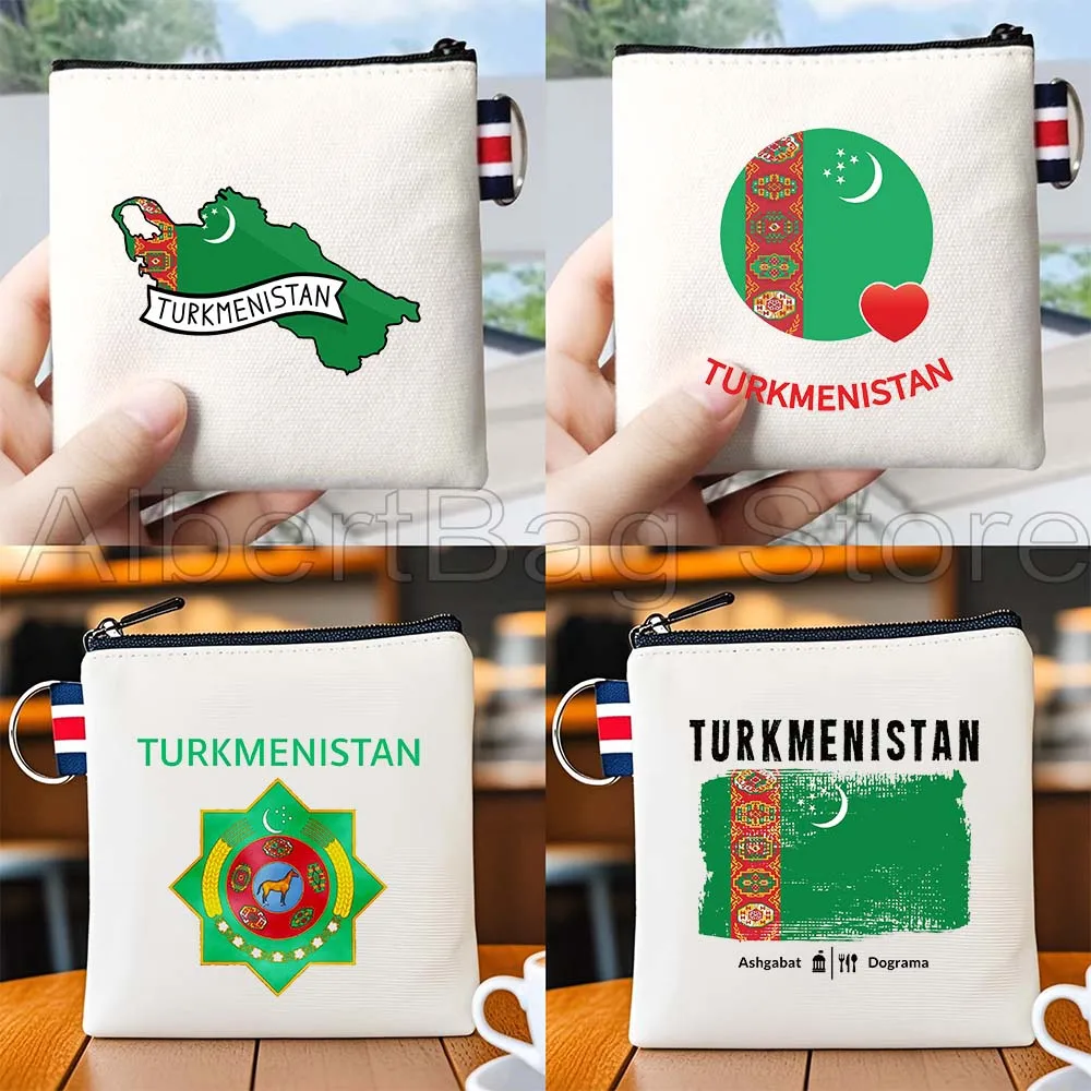 

Turkmenistan Flag Watercolor Map Turkmen Gift Canvas Bag Coin Purse Travel Small Square Key Storage Card Bag Cotton Wallet Pouch