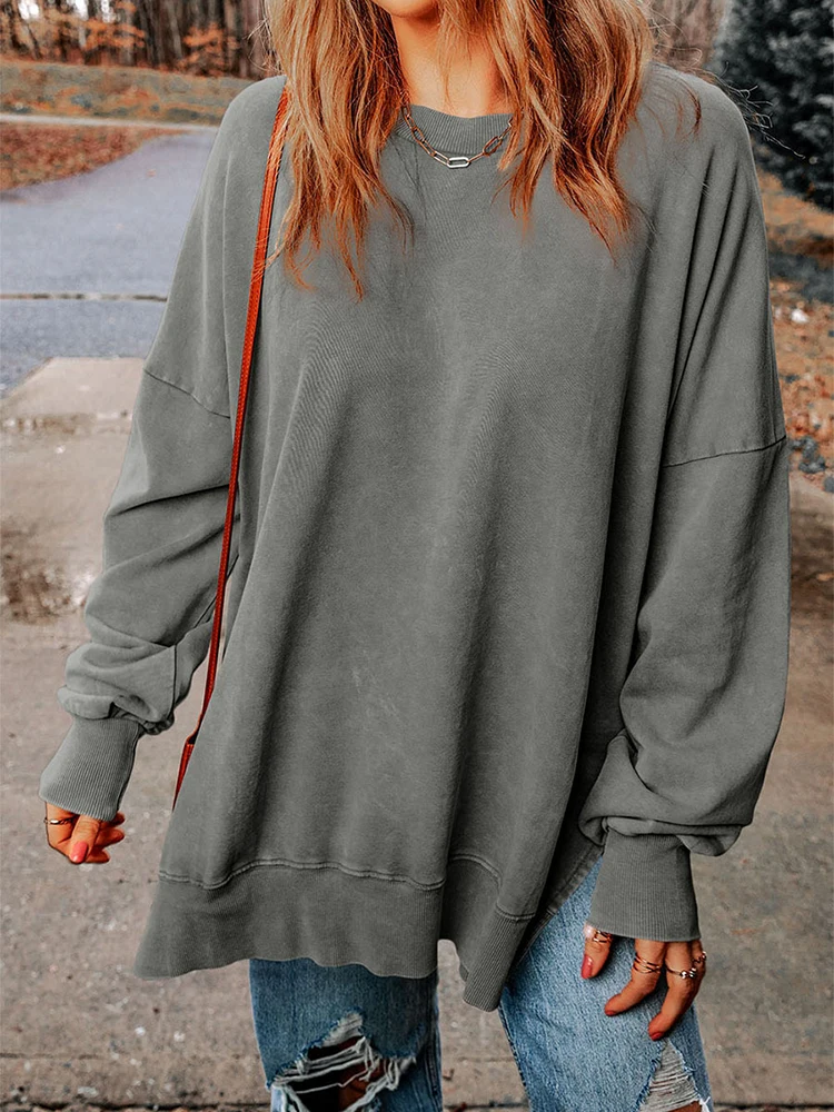 Autumn Solid Color Side Slit Sweatshirt Female Vintage Round Neck Long Sleeve Tops Casual Loose Hoodies Street Women Clothes