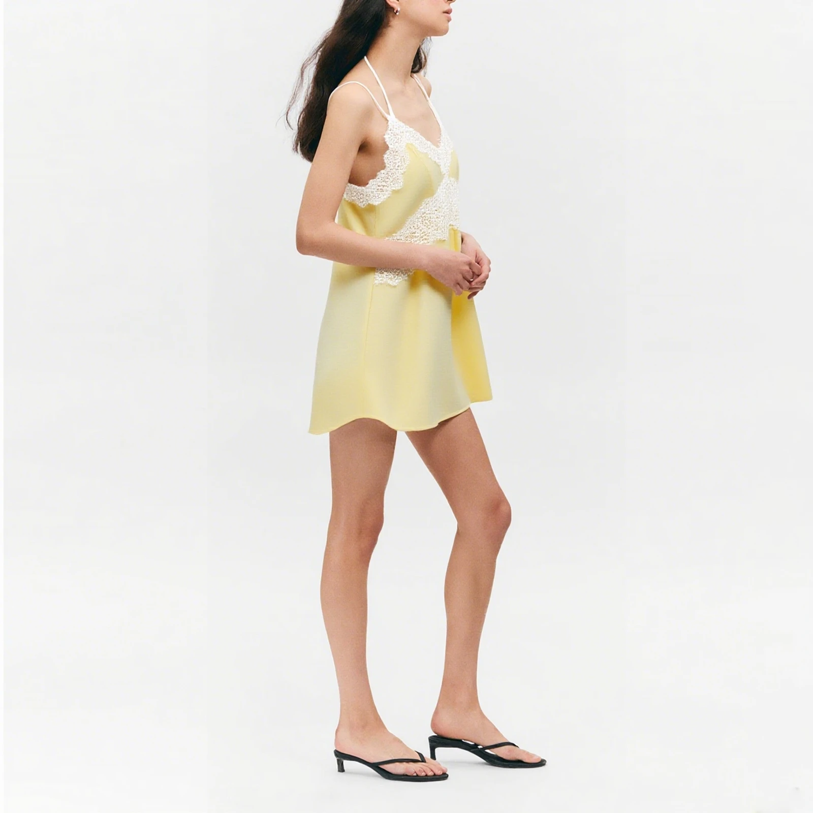 Mini vestido camisola sin espalda con retazos de encaje floral transparente para mujer, sin mangas, corte holgado, ropa de descanso de verano, camisón deslizante