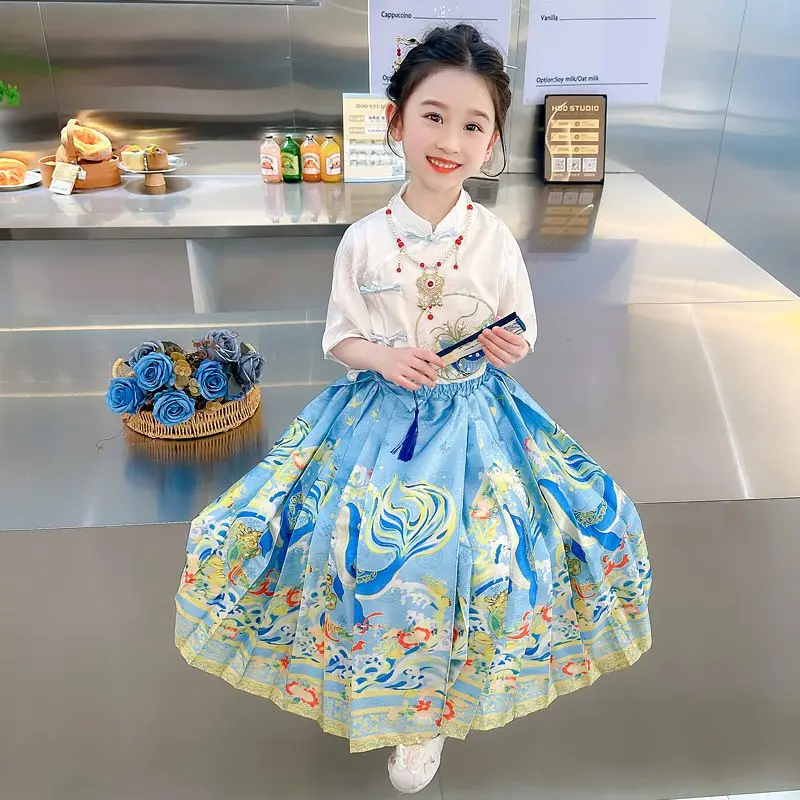 Summer Traditional Chinese Mamian Qun Skirt Clothes Ancient Hanfu Modified Kids Tang Dance Costume