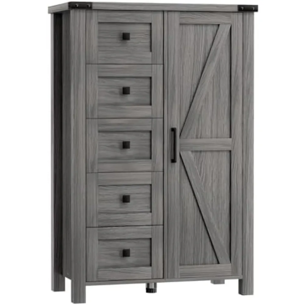 Farmhouse Dresser Storage Cabinet Chest of Drawer for Bedroom, 5 Drawer Dresser with Barn Door, 48 Inch Tall Grey Wood