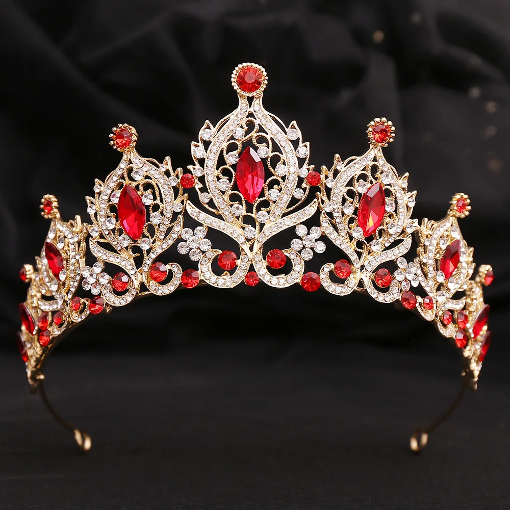 KMVEXO Gold Red Color Crystal Wedding Tiaras And Crowns Party Rhinestone Prom Bridal Diadem Crown Tiara For Women Hair Jewelry