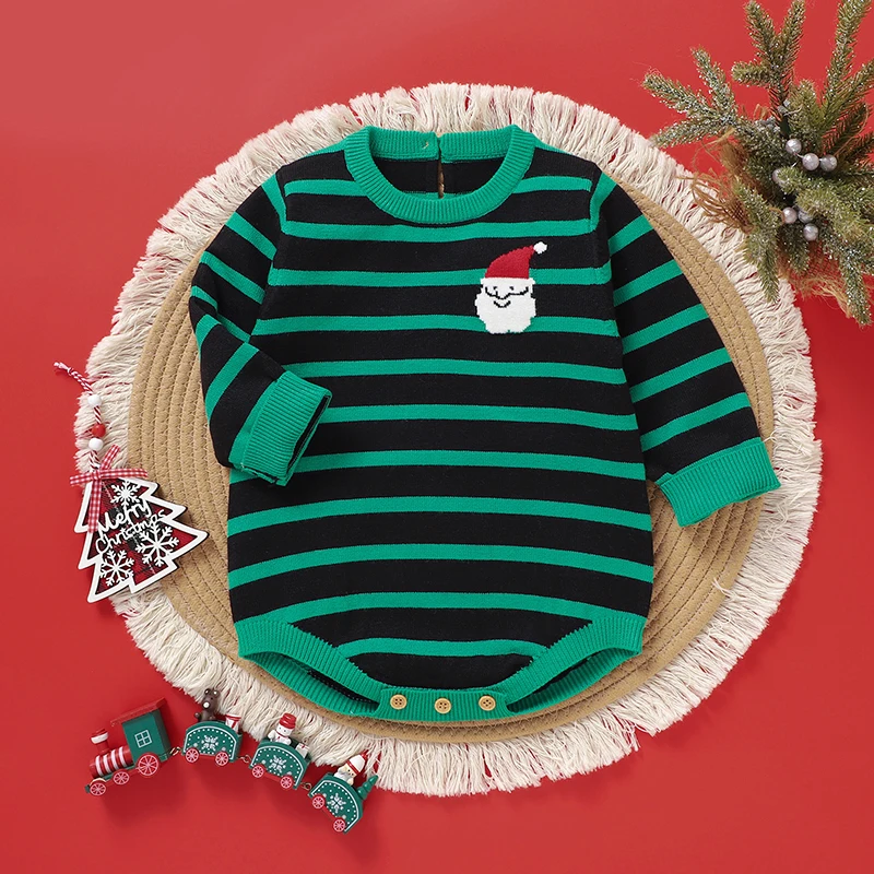 Baby Sweater Romper Christmas Santa Print Long Sleeve Round Neck Knit Bodysuit Infant Winter Outfit