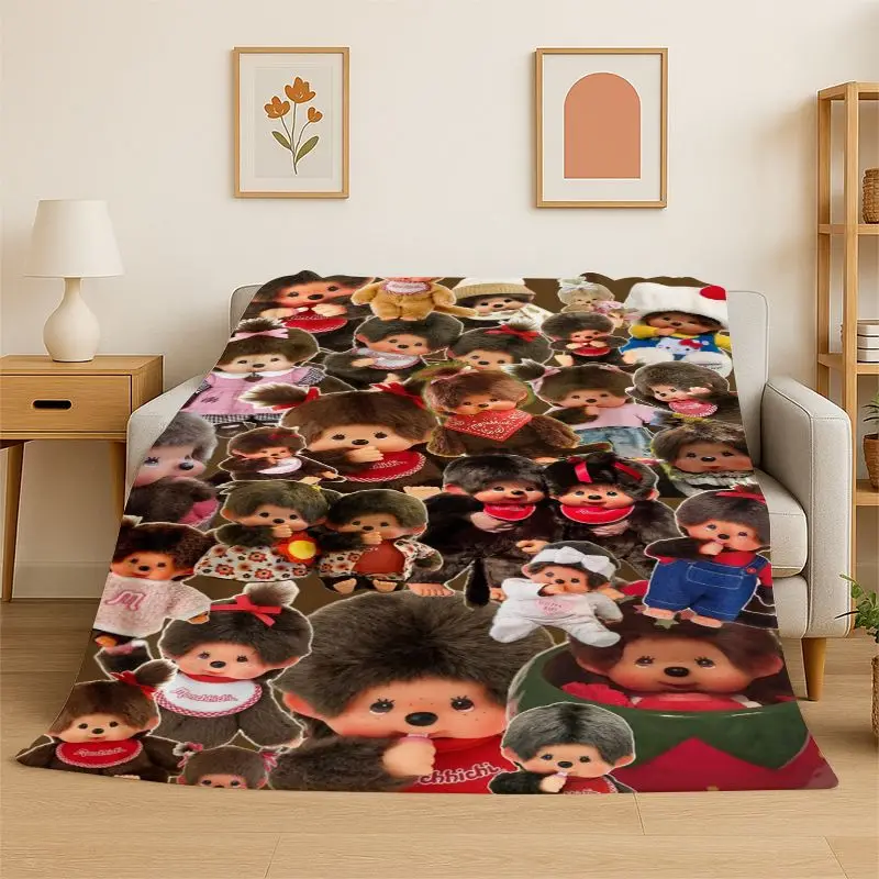 HD M-Monchhichi Cute Cartoon Monkey Holiday Flannel Blanket Soft Throw Blanket for Bedroom Living Room Bed office Picnic Gift