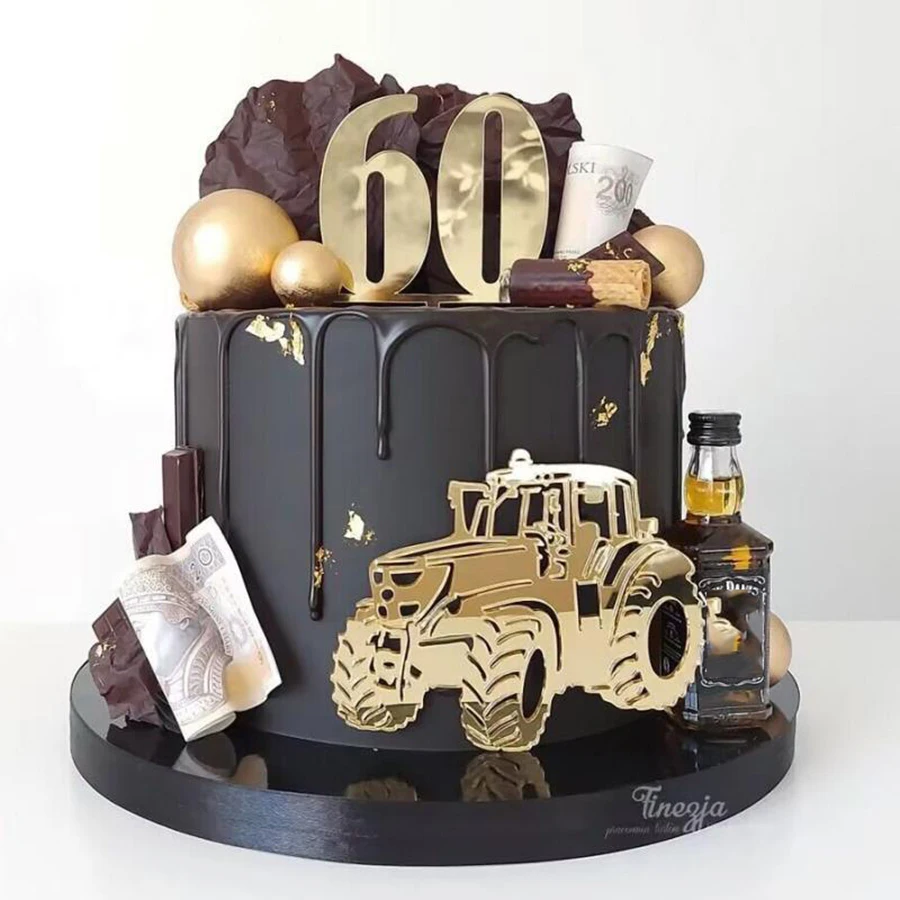 Golden Number 60 Car Cake Topper Happy Birthday Acrylic Birthday Cake Topper for Birthday Party Supplies