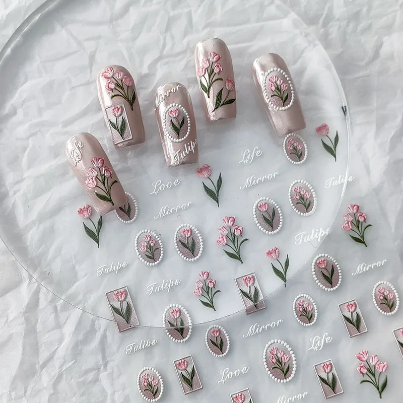 Rosa Tulpen 5d weich geprägte Reliefs selbst klebende Nail Art Dekorationen Aufkleber niedlichen Bowknot 3D Maniküre Aufkleber Großhandel