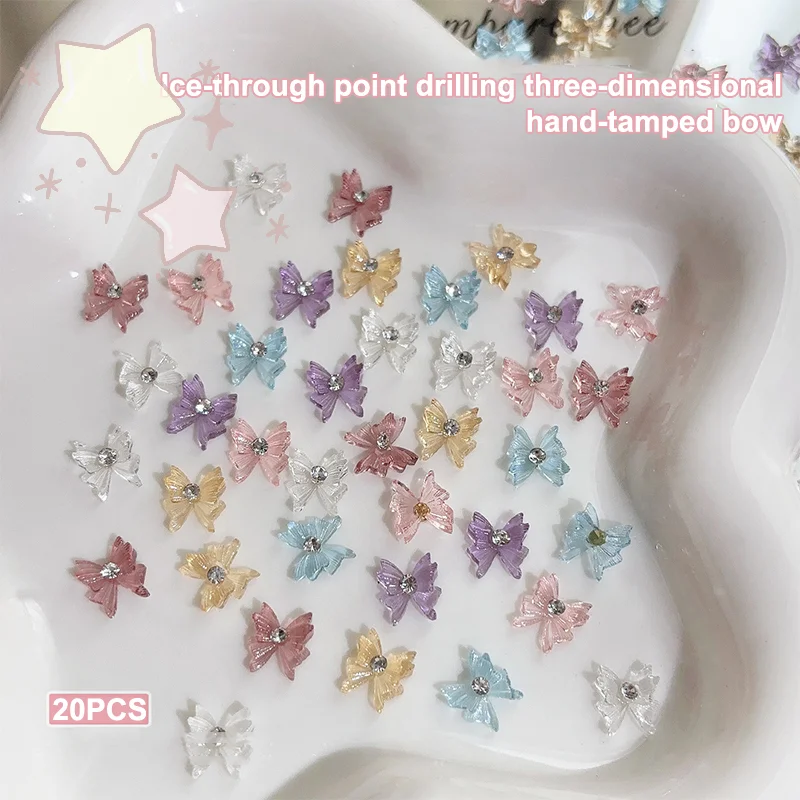 20 個ラウンドラインストーンネイルボウチャームアイス透明クリスタルボウタイジュエリーダイヤモンド樹脂リボン宝石アクセサリー