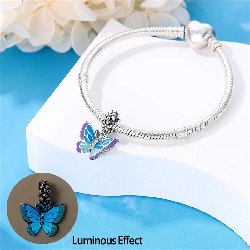 2024 Hot Sale Blue Purple Luminous Butterfly Charm Bead Fit Pandach Bracelet Women Silver Pendant Beads Fine DIY Jewelry Gift