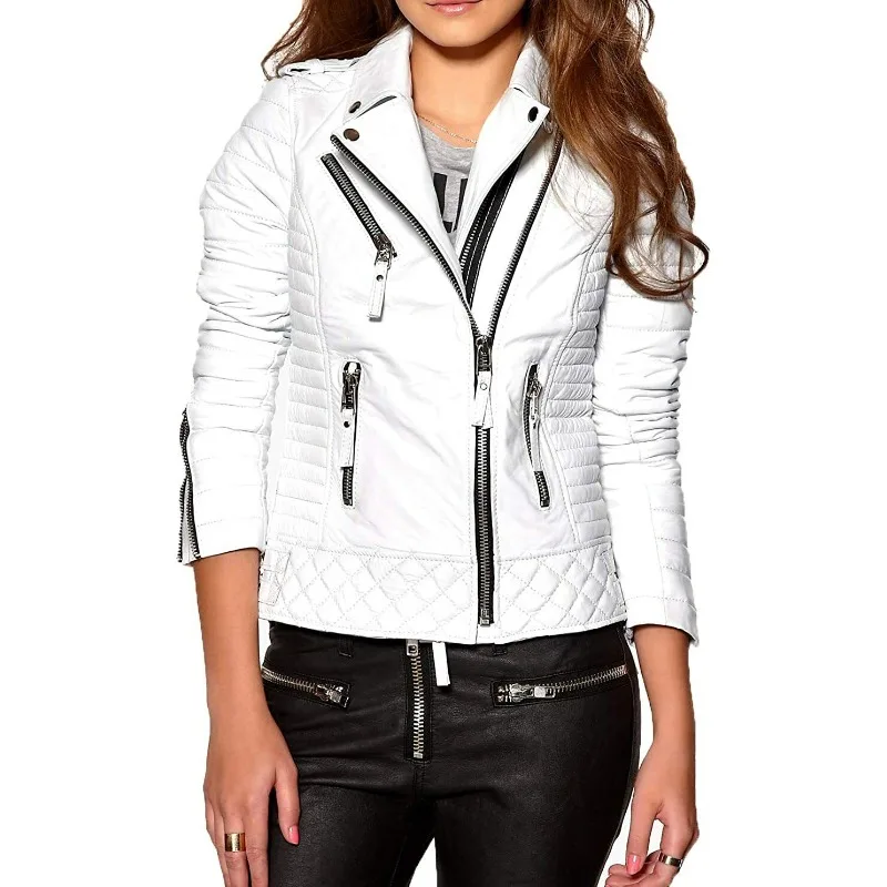 Women's White Riding Pure Authentic Lambskin Leather Jacket Quilted Fashion Wear