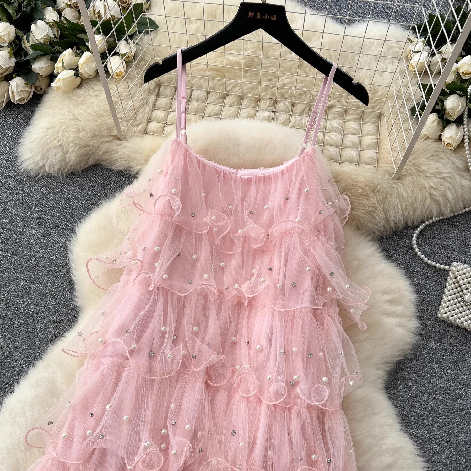 Roze mesh jurk dames kralen diamanten mouwloze zomervakantie feest vestidos bodycon streetwear chique kleding dame