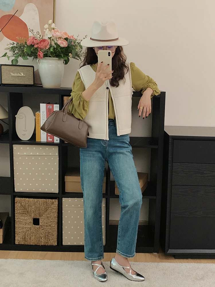 

Slimming High Waist Cotton Stretch Denim Pants Women's Spring Versatile Straight Leg Jeans Korean Sle Fall Season Faion