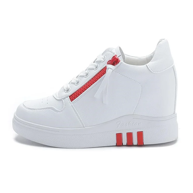 7cm Spring Lace-up High-top Genuine Leather Shoes Women Sneaker Shoes High Heels Increase Within Wedges Casual Shoes 34 40
