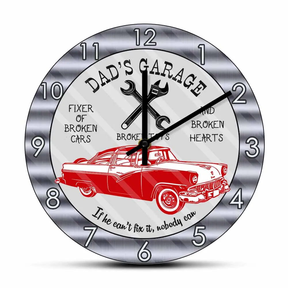 

Dad's Garage Wall Clock Workshop Decor For Man Cave Mechanic Tools Printed Wall Clock Retro Red Car Art Watch Garage Father Gift