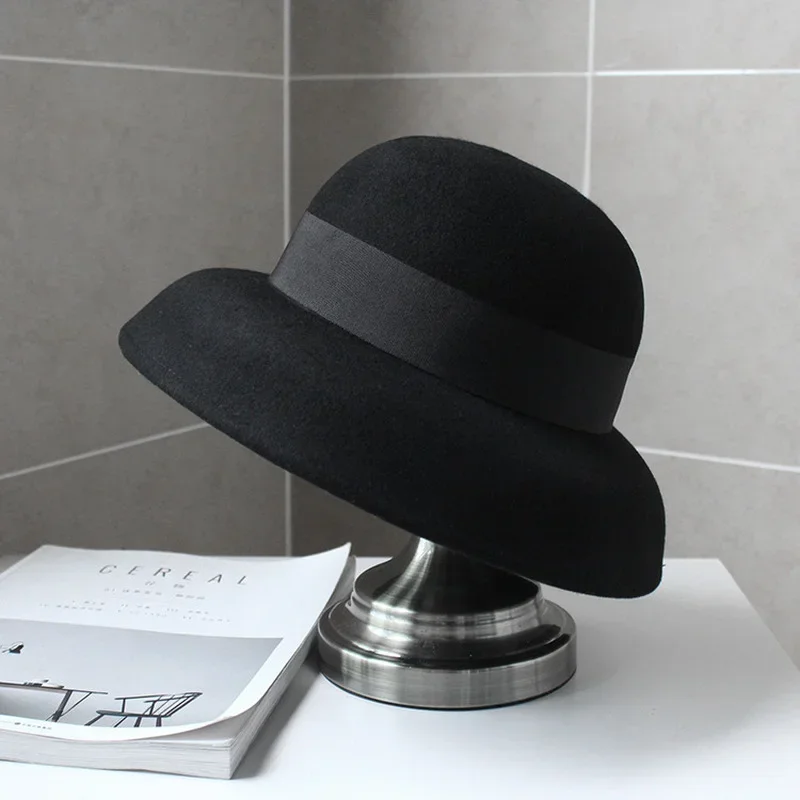 Crushable Dress Fedora Women Vintage Style Hat 100% Pure Wool Felt Hat Black Grey Wide Brim Fedora Hat with Simple Band