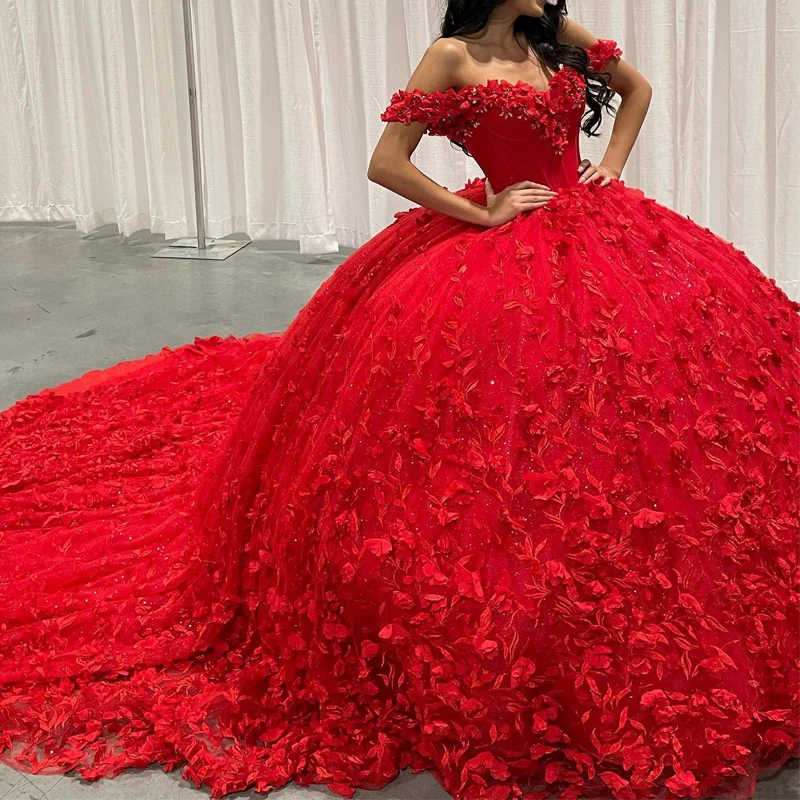 

Красное блестящее платье Quinceanera, бальное платье с открытыми плечами, кружевная аппликация, расшитое бисером и кристаллами, тюлевой корсет, милое платье 16, Vestidos De 15