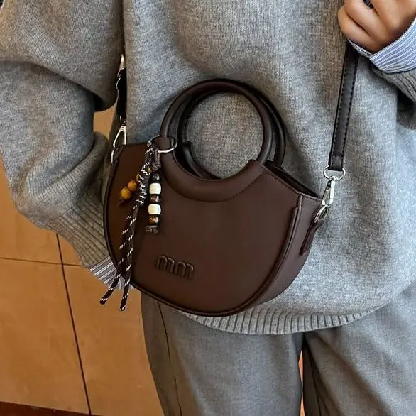 Retro Mini Half Moon Handbag for Women PU Leather Crossbody Bag with Detachable Strap Bead Charm Casual Daily Purse Bolso Mujer image 4