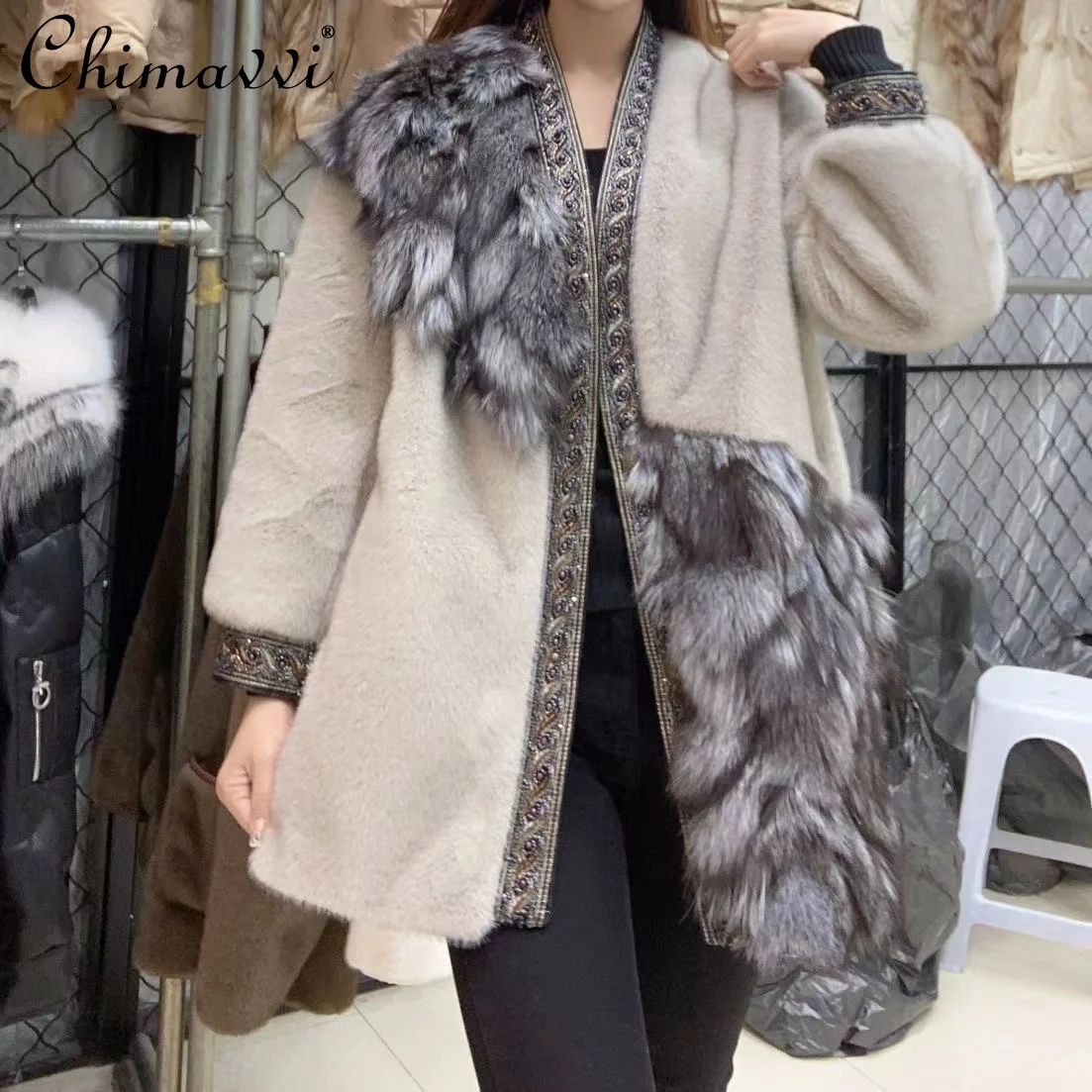 2024 Winter New High-End Fox Fur Jacket Heavy Industry Beaded Long Sleeve Loose Thick Slimming Temperament Women\'s Fur Coat