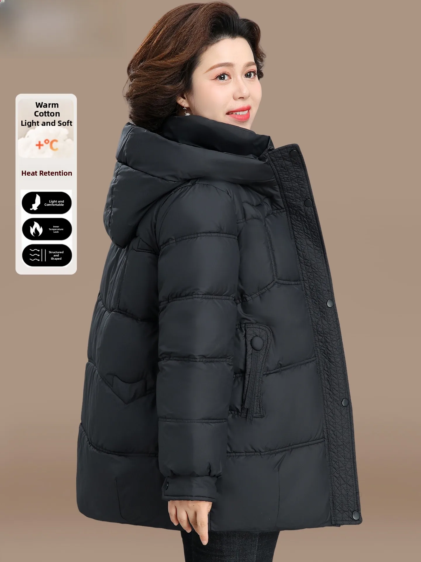 

Warmth down Cotton Jaet Women's Mid-Length Coat Stand Fit Zipper Closure Hooded Thiened Autumn Winter Outerwear