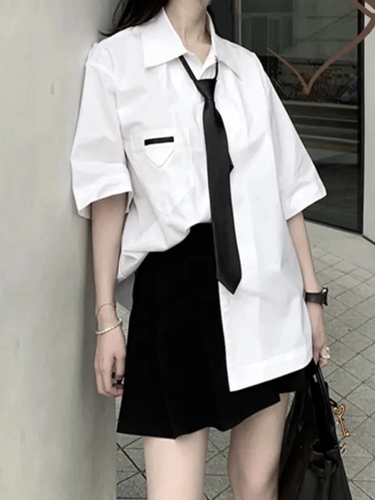 

White Preppy Style Women Shirts Fashion Tie JK Loose Student Short Sleeve Designed Button Up Tops Summer Casual Blouse
