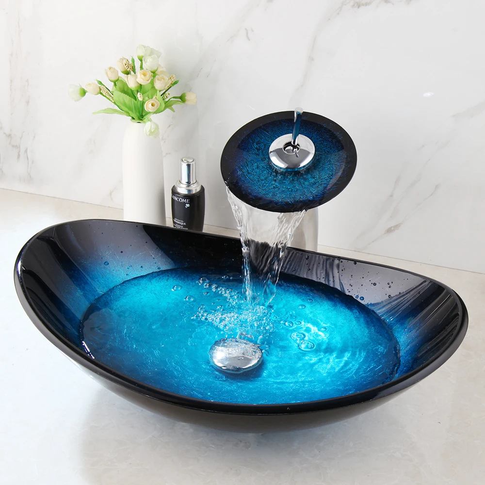 ZAPPO Tempered Glass Bathroom Vessel Sink with Waterfall Black Faucet Tap Bathroom Oval Blue Vessel Sinks Above Counter Basin