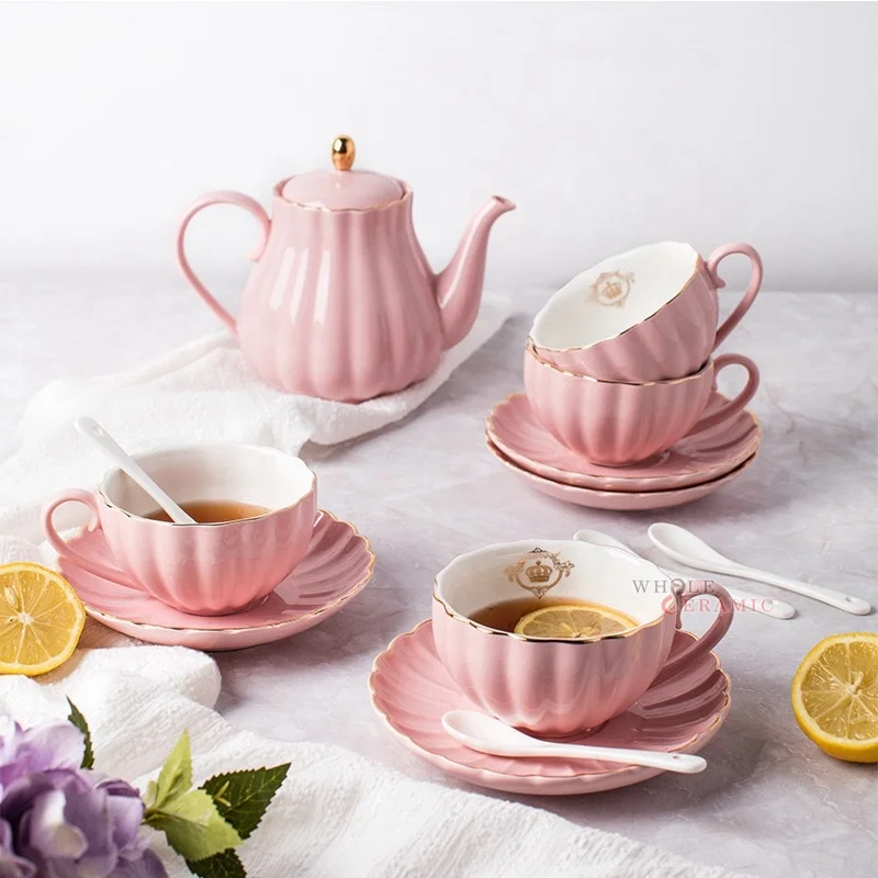 Good Quality Creative Candy-Colored Gold Rim Ceramic Coffee Set Mug Cup Saucer Pot Milk Jug Sugar Bowl Tea 