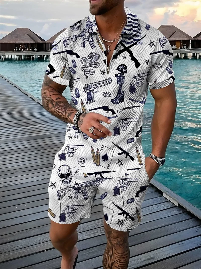 Stile hawaiano stampa floreale 3D colletto con cerniera da uomo tuta Trend Polo pantaloncini moda 2 pezzi Set Streetwear da uomo