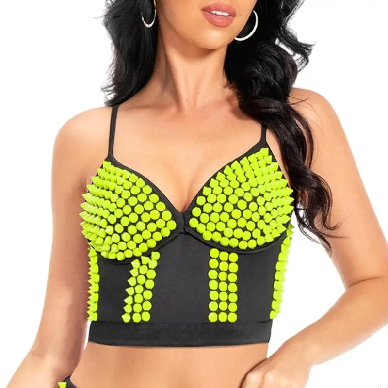 Mulheres Bustier Crop Top Punk Rivets Push Up Corset Top Bra para Festas Clube Racer H7EF