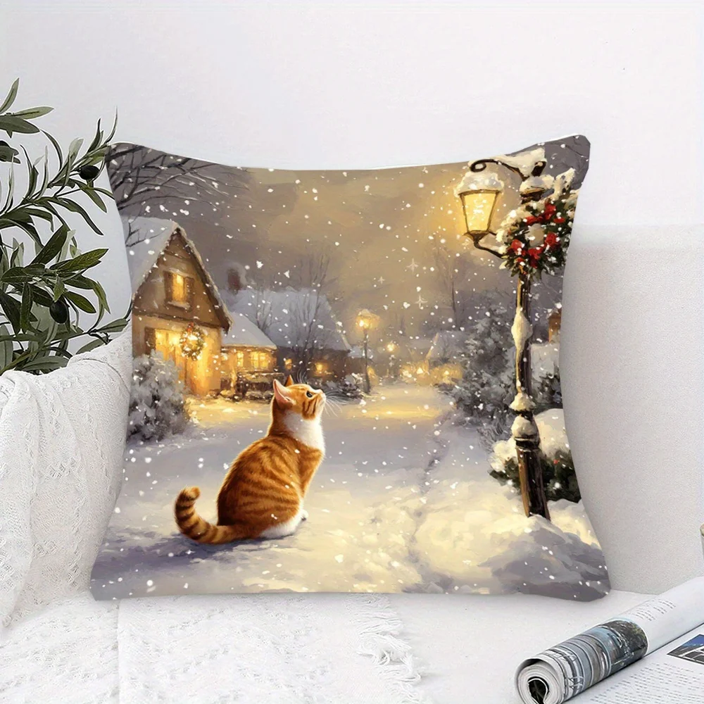 1pc Winter Ginger Cat Snowy Village Double‑Sided Print Pillow Cover, Cushion Case for Sofa Bedroom, Insert Not Included
