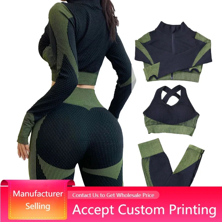 Workout Running Clothing Shirt Sport Bra Seamless Leggings Gym Wear Yoga Outfits 3pcs Women Fitness Sets Long Sleeve