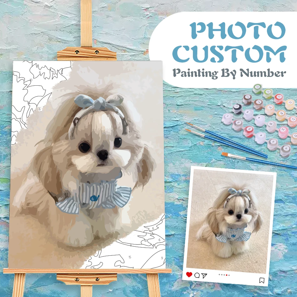 

RUOPOTY Photo Custom Painting By Numbers Cute animal pets Customized 24 colors Watercolor On Canvas Diy Set Arts Crafts Decor