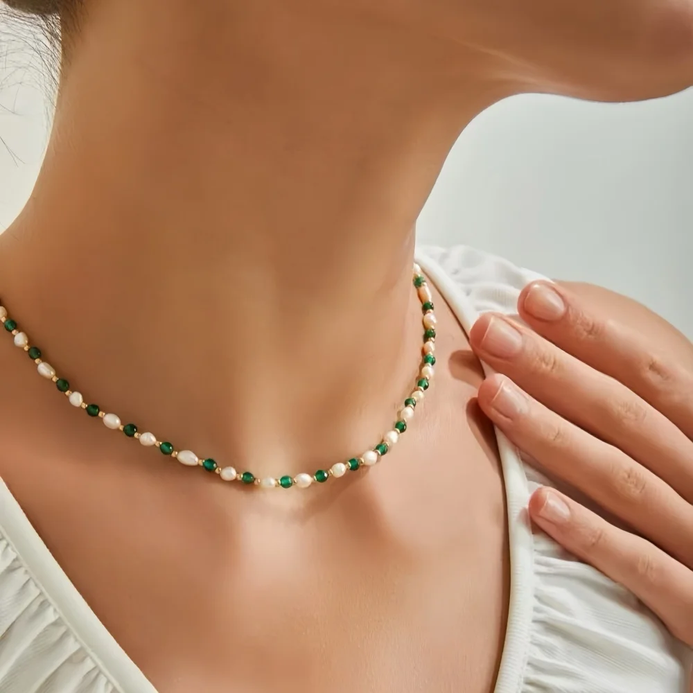 

925 Silver Pearl Green Stone Beaded Strand Jewelry Sets With Rosary Necklace And Bracelet For Women Simple Dainty Trendy Gift