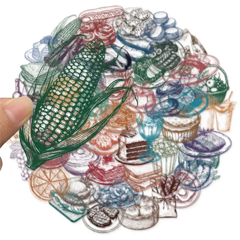 50PCS Retro Food Stickers Set Transparent PET Waterproof Vinyl Cute Funny Yummy Snack Hamburger Pizza Cake Donuts Theme