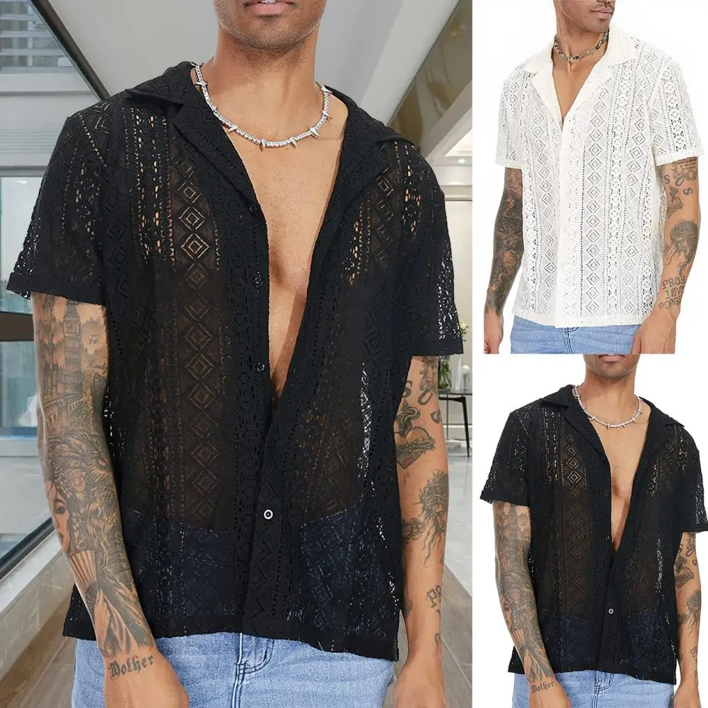 Cotton Sheer Openwork Men Shirts See-through Mesh Sexy Lace Short Sleeves Transparent T-shirt Summer Tops Solid Trendy Cardigan