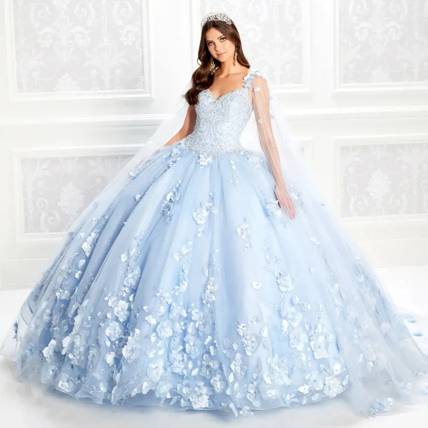 Robes de mariage de couleurs personnalisées, robe de RhQuinceanera, appliques de fleurs 3D en dentelle, perles avec cape, Sweet 16, Mexique