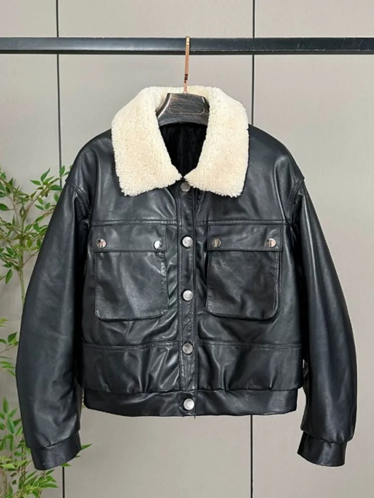 Vintage femmes chaud rembourré manteau col en laine coupe ample simple boutonnage en peau de mouton en cuir véritable veste décontracté moto pardessus