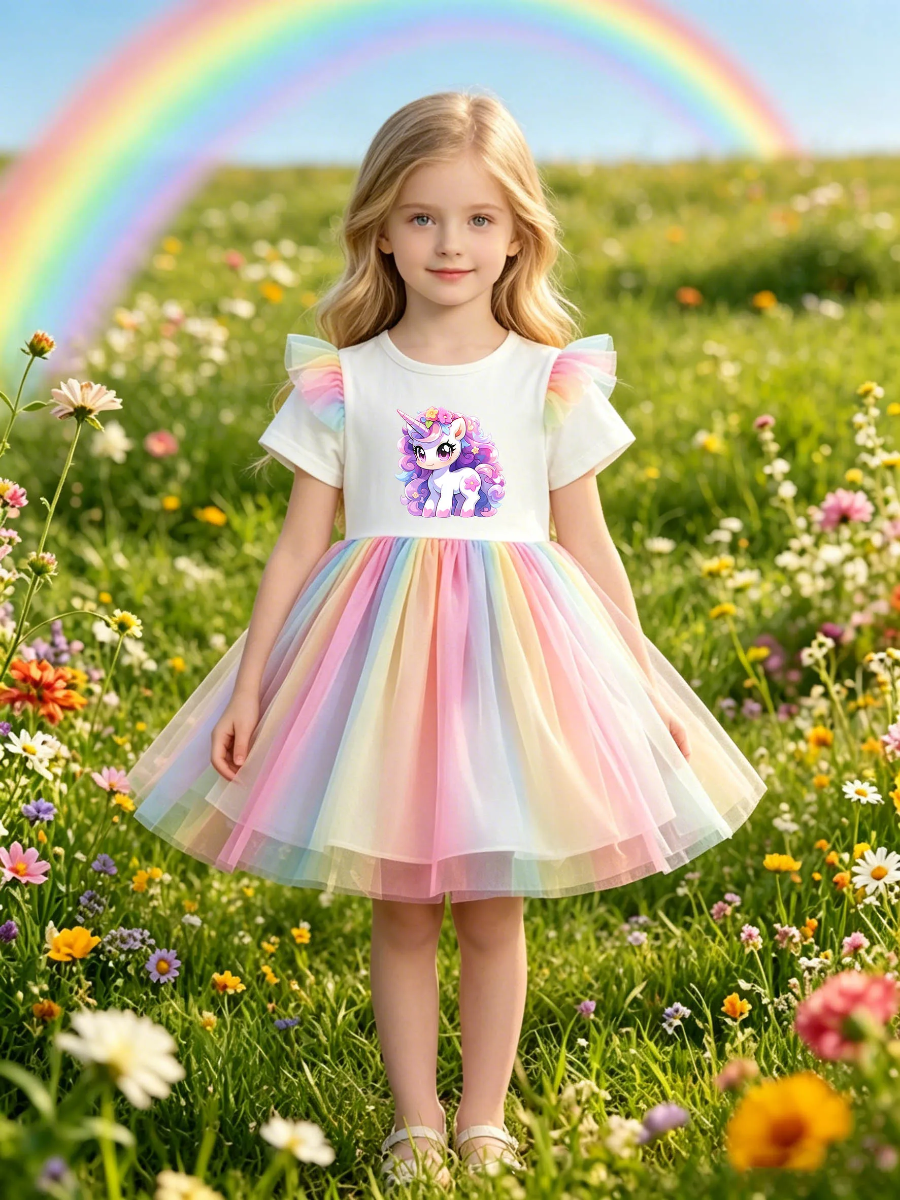 Little Girls' Unicorn Flutter Sleeve Dress with Floral Purple Mane, Macaron Rainbow Tulle Full Skirt Princess Gown