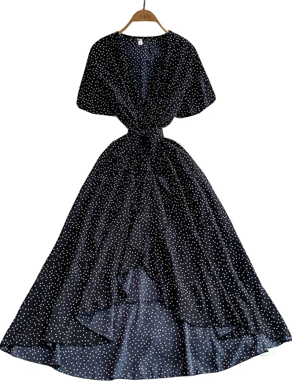 Zomer Polka Dot V-ne ort Sve vrouwen Dr Belted Taille Afslanken Asymmetrische Zoom Maxi Rok Koreaanse Sle Pendelen