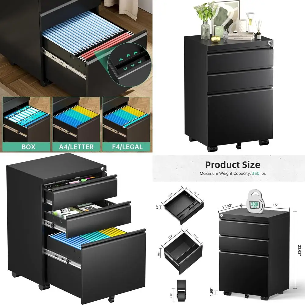 

3-Drawer Lockable Metal Rolling File Cabinet, A4/Letter/Legal Size, Under Desk for Home Office