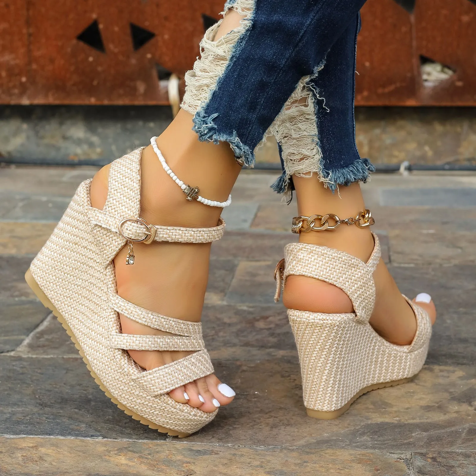 Summer Foreign Trade New Platform Platform Wedge Sandals Women\'s Denim Buckle Beach Sandals And Slippers Womens River Sandals