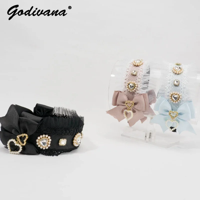 Japanese Mass-Produced Sweet Cute Girls Lolita Headband Clips Love Gem Bow Headband Hair Accessories for Women Hair Bow