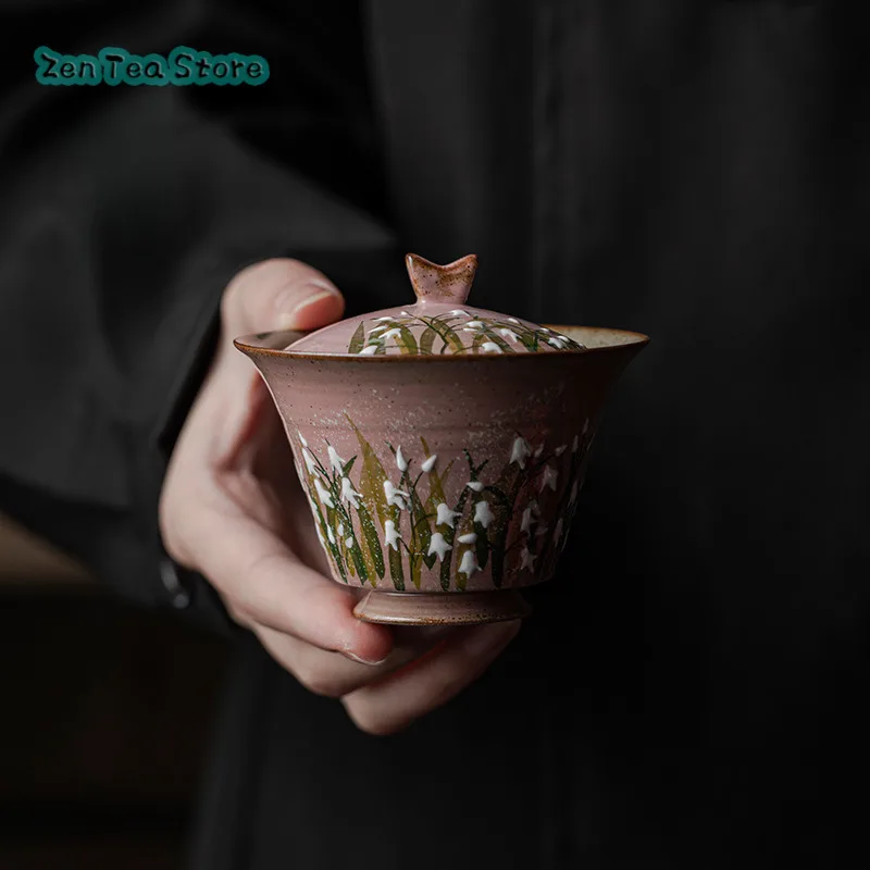 Embossed Pure Hand-painted Orchid Cover Bowl Retro Pure Handmade Coarse Pottery Tea Bowl Teacup is Not Hot Kung Fu Tea Set