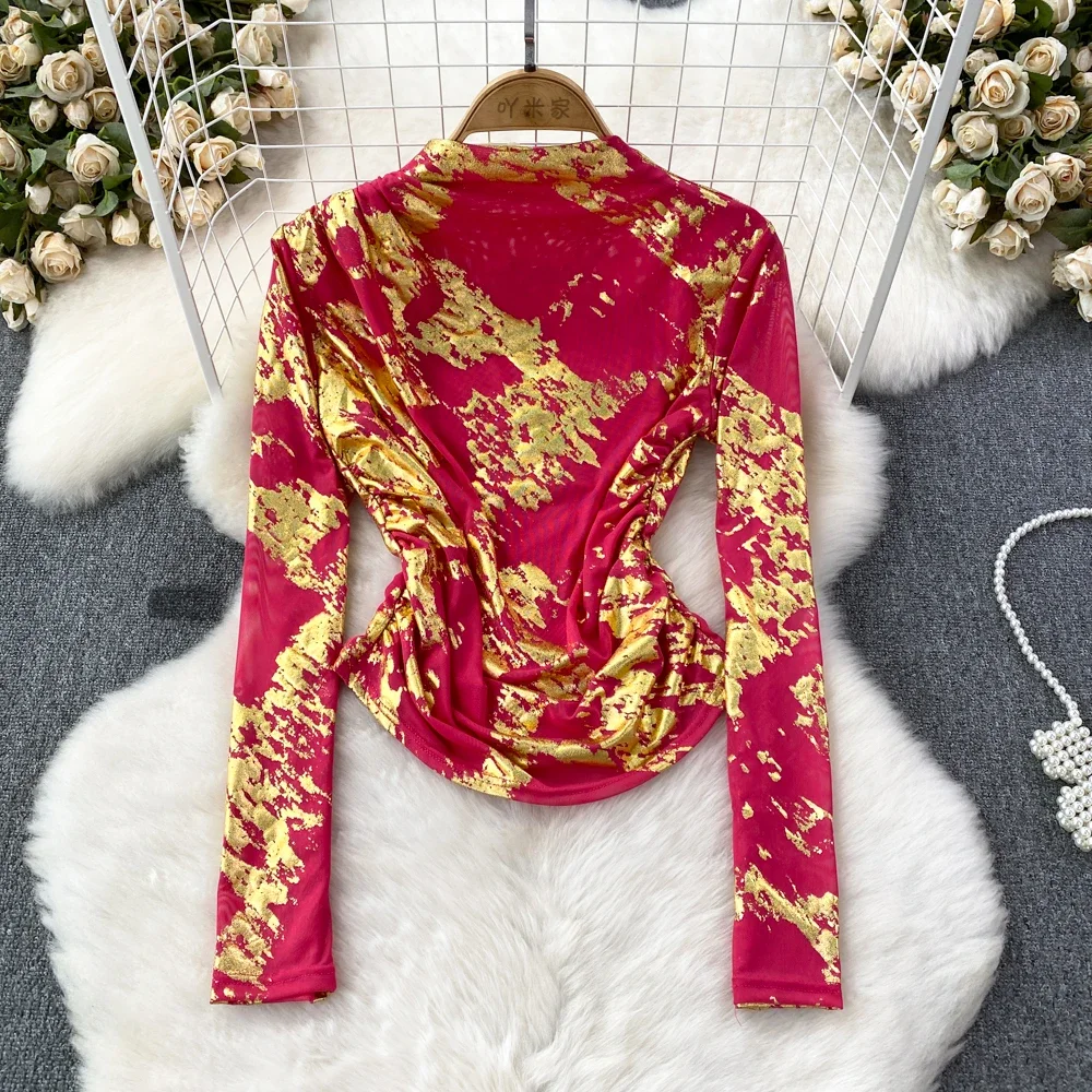 

Spring Autumn Fashion Gold Stamping Tie Dye Print Shirt Vintage Elastic Slim Fit T-shirt Half High Neck Long Sleeve Top T-shirt