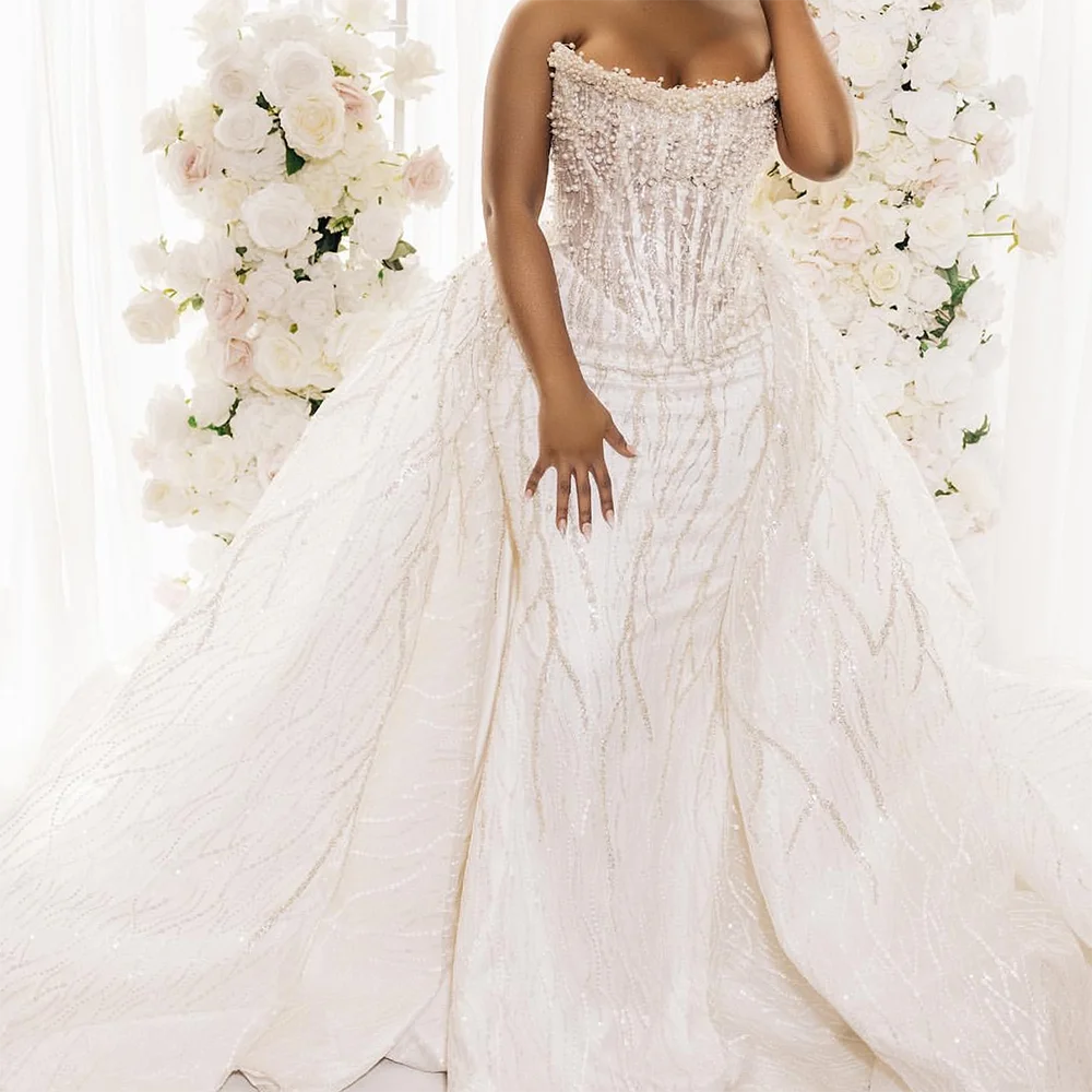 

Luxury Strapless Sleeveless Basque Appliquins Mermaid Bride Wedding Dresses Bridal Gowns Customized