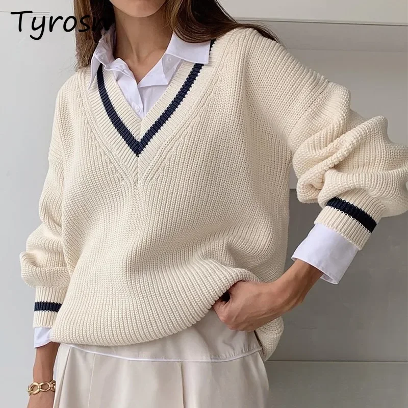 

Pullovers Women V-neck College Patchwork Contrasting Colors European Popular Students Loose Long Sleeve Autumn Knitted Sweaters