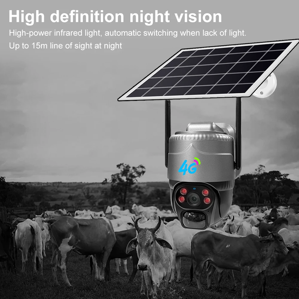 4G SIM Solar Camera Outdoor IP Camara Low Powered Battery PIR Motion Detection Waterproof CCTV Home Security Protection