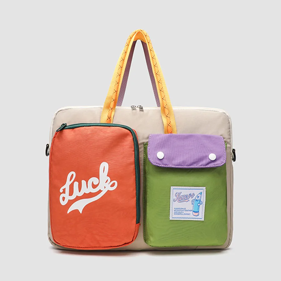 Borsa per computer con motivo cartoon a blocchi di colore di nicchia da donna, borsa portatile monospalla, borsa per pendolarismo quotidiano in stile universitario