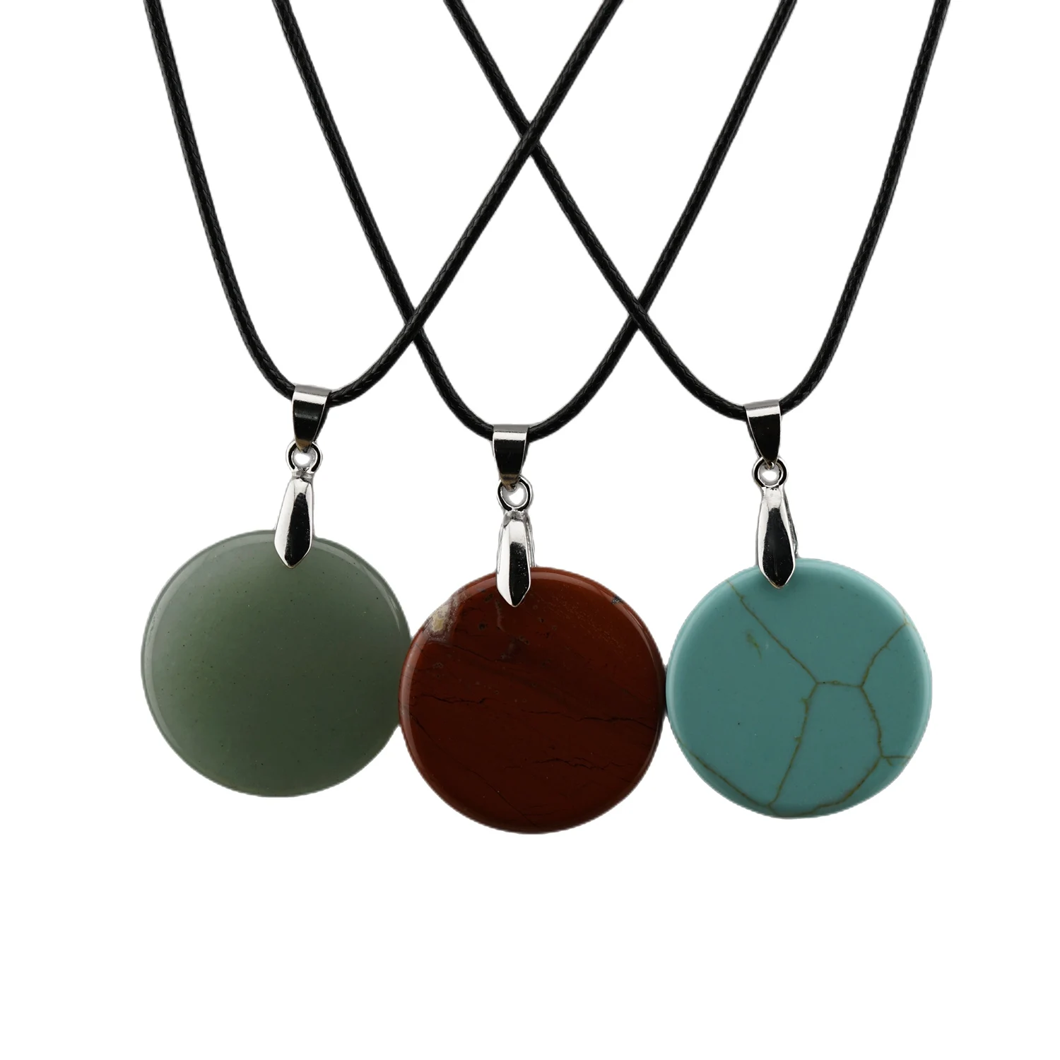 

Gemstone Disc Pendant Necklace 1.2Inc Flat Circle Round Beads Crystal Healing Chakra Jewelry 18" Black Cord