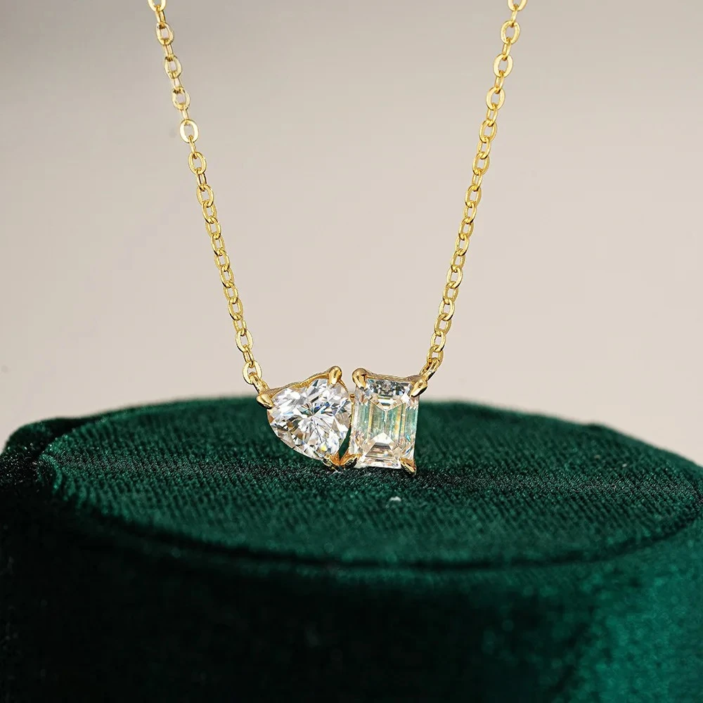 KyanGem Sweet 18K Gold Moissanite Necklace for Women Ultra-Sparkling Sugar Cube Heart Collar Chain with Minimalist Pendant