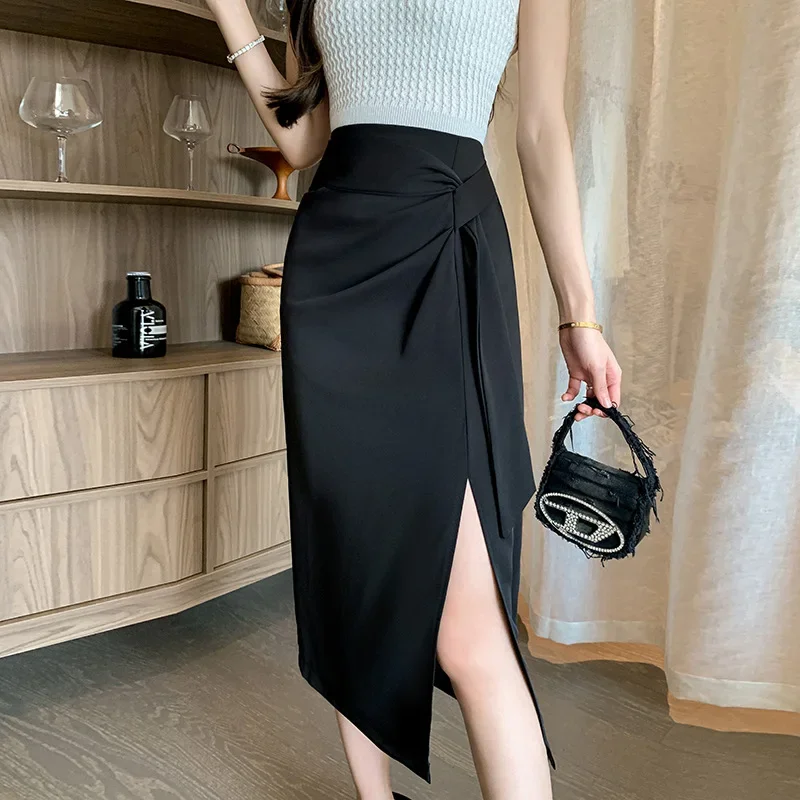 Pop Women's Petite Summer Long Dress Side Slit High-waisted Slimming A- Line Skirt Fashionable Versatile Casual Petite Skirt
