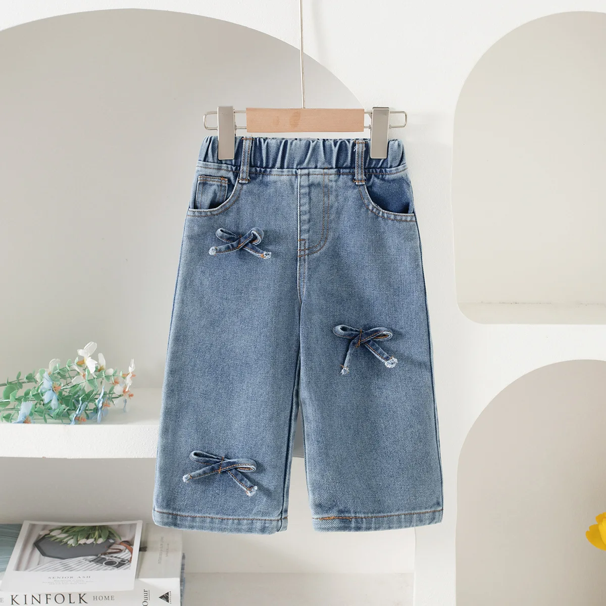 Summer Trend Girls' Straight Leg Pants For Infants And Young Children, Korean Elastic Waistband Bow Washed Denim Wide Leg Pants